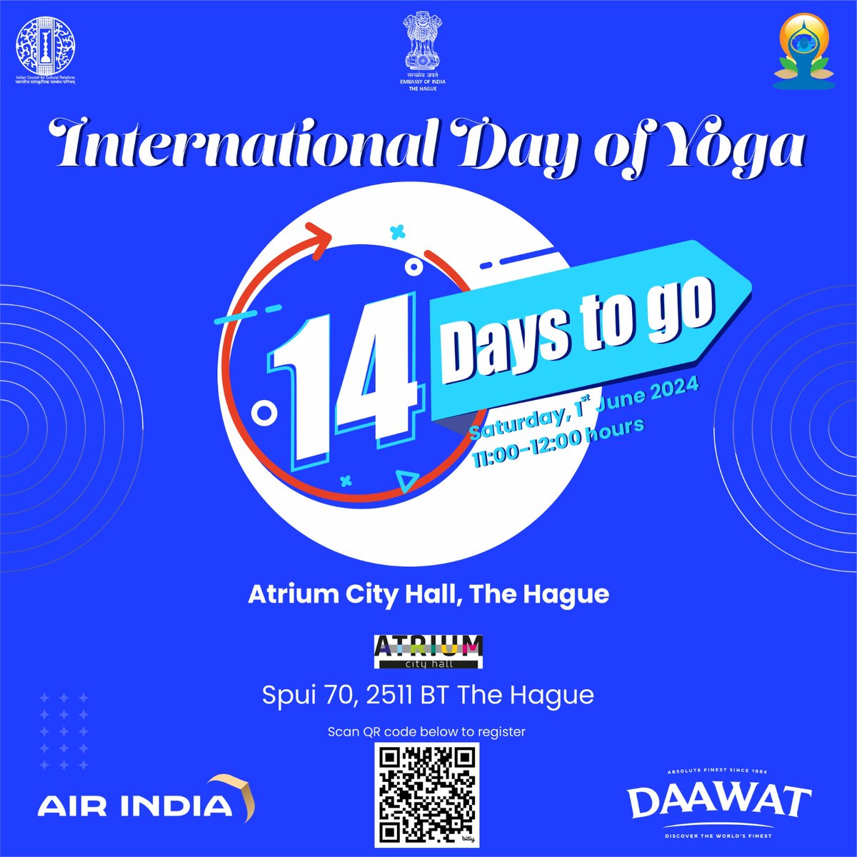 Don't forget to register for our #InternationalDayofYoga event on Saturday, 1 June in association with @GemeenteDenHaag @AtriumCityHall Register @ bit.ly/4b7fWIY or scan QR code👇 @MEAIndia @moayush @iccr_hq @iccr_TheHague @IndianDiplomacy @DiasporaDiv_MEA