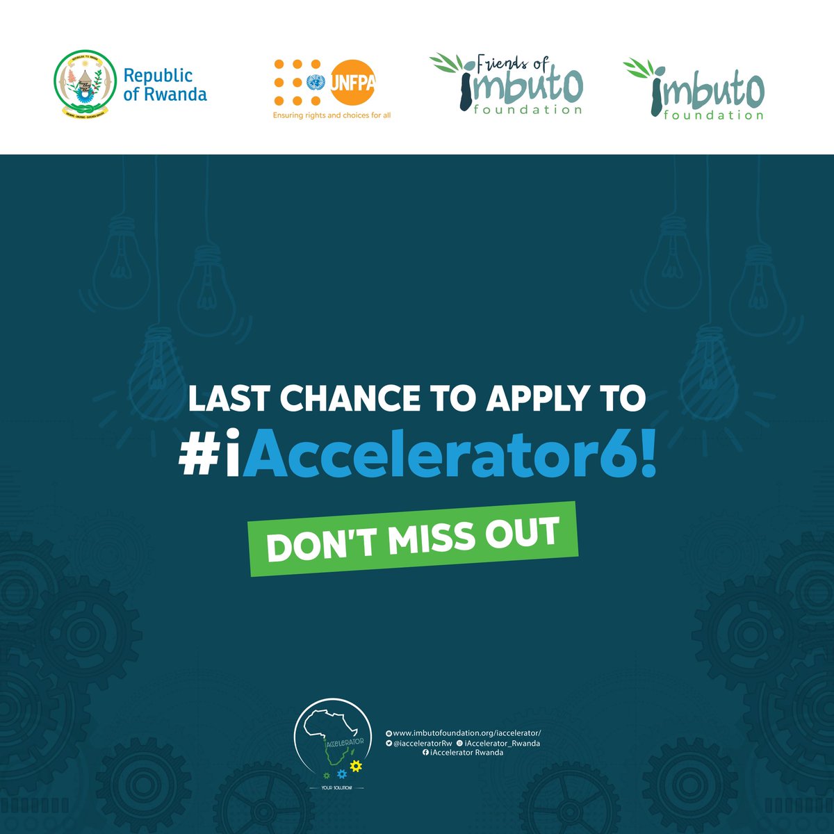 Just a few minutes left! Last chance to submit your project and stand a chance to win 10,000,000 RWF and mentorship in business management from our #iAccelerator coaches. Go to imbutofoundation.org/iaccelerator/ and fulfill all the requirements now!