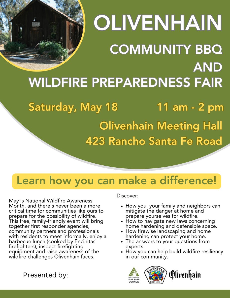 May is #NationalWildfireAwarenessMonth. Come join @SDSONCoastal & learn about wildfire safety preparedness on Sat, May 18, 11 AM - 2PM at 423 Rancho Santa Fe Rd. Meet @SDSheriff Crime Prevention Specialists & Deputies  & enjoy a delicious BBQ prepared by the @encinitasfire. 🚓🚒