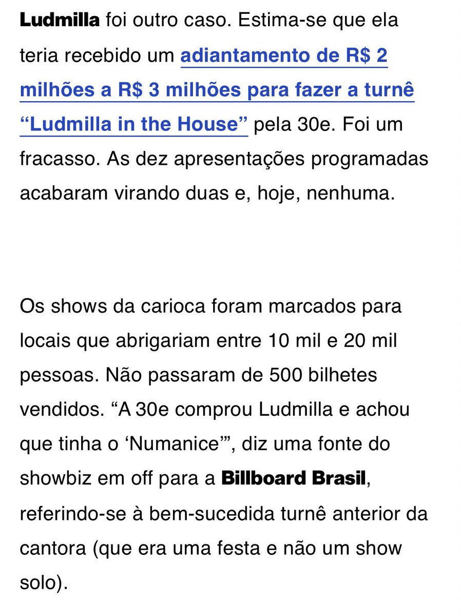 🚨 EITA! Billboard Brasil afirma que shows de Ludmilla foram cancelados por fracasso de vendas. Ludmilla não teria vendido nem 500 ingressos dos 10/20 mil que o estádio contratado suportava: “A 30e comprou Ludmilla e achou que tinha o Numanice”.