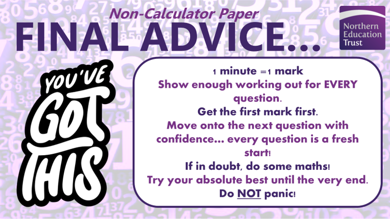 NET_Maths's tweet photo. Good luck to all of our amazing Year 11 Mathematicians sitting their Non-Calculator Paper tomorrow morning! You've got this! #DoWell https://t.co/19ugEhwaDA