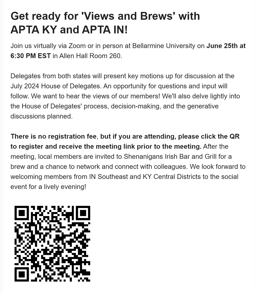 Get ready for 'Views and Brews' with APTA KY and APTA IN!

Join us virtually via Zoom or in person at Bellarmine University on June 25th at 6:30 PM EST in Allen Hall Room 260.
