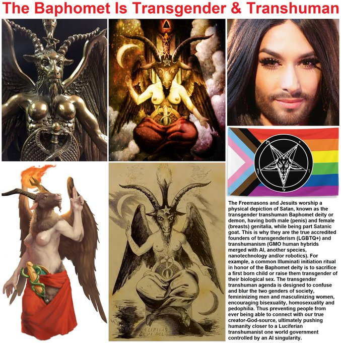 Baphomet is both Transgender & Transhuman  Freemasons/Jesuits worship Baphomet, having both male  & female genitalia, being part Satanic goat. 
They are the true founders of transgenderism (LGBTQ+) and transhumanism (GMO human hybrids).

They truly hate Nature and Humanity