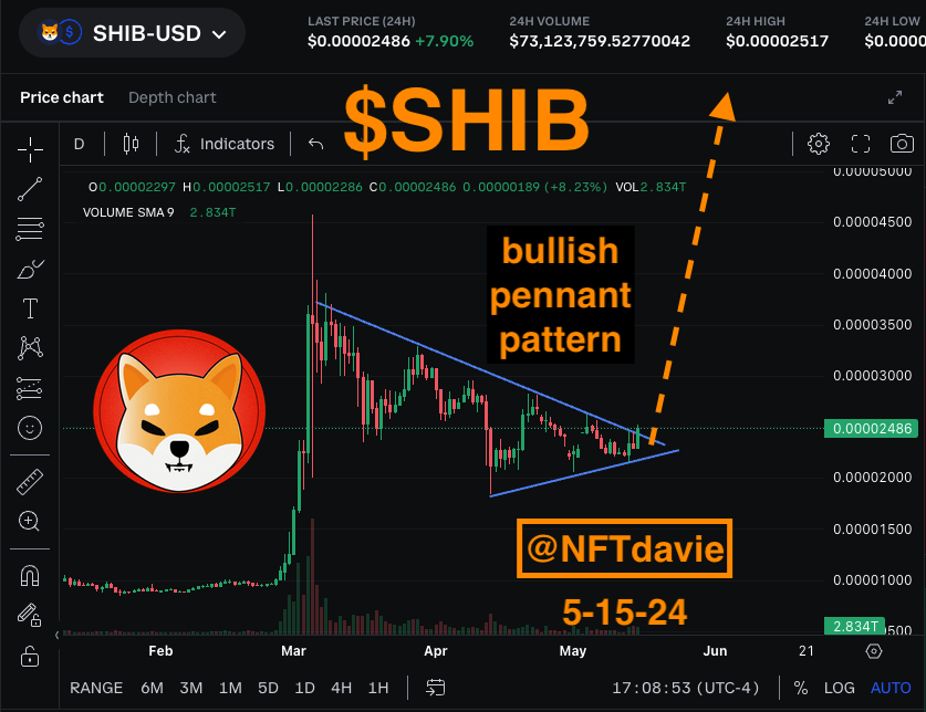 NFTdavie's tweet photo. I decided to shift a few things around in my main account to ride the $SHIB train. I felt underexposed. The short term upside here from the pennant pattern looks pretty sweet and we just broke thru the blue resistance line.

#Shibarmy Where you at? https://t.co/QaMcrlk30v
