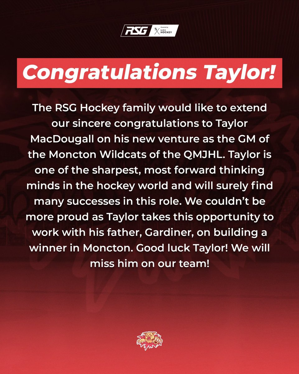 The RSG Hockey family is excited to see <a href="/tmac_17/">Taylor MacDougall</a> take on his next adventure in the hockey world! Big things coming to the <a href="/monctonwildcats/">Moncton Wildcats</a> and <a href="/QMJHL/">QMJHL</a>! 

#RSGHockey #NRXHockey #MonctonWildcats