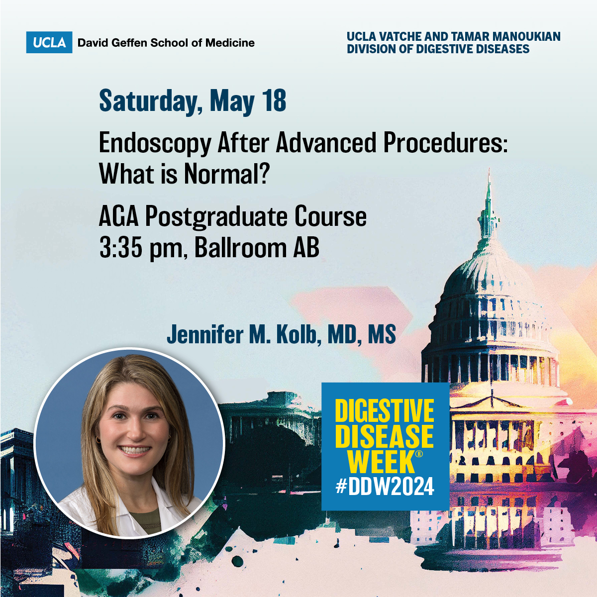 Mark your #DDW2024 calendar for Endoscopy After Advanced Procedures: What is Normal?

🗣️Jennifer M. Kolb, MD, MS (@JenKolbMD)
🔸@AmerGastroAssn Postgraduate Course
🔸Saturday, May 18
🔸3:35 pm
🔸Ballroom AB