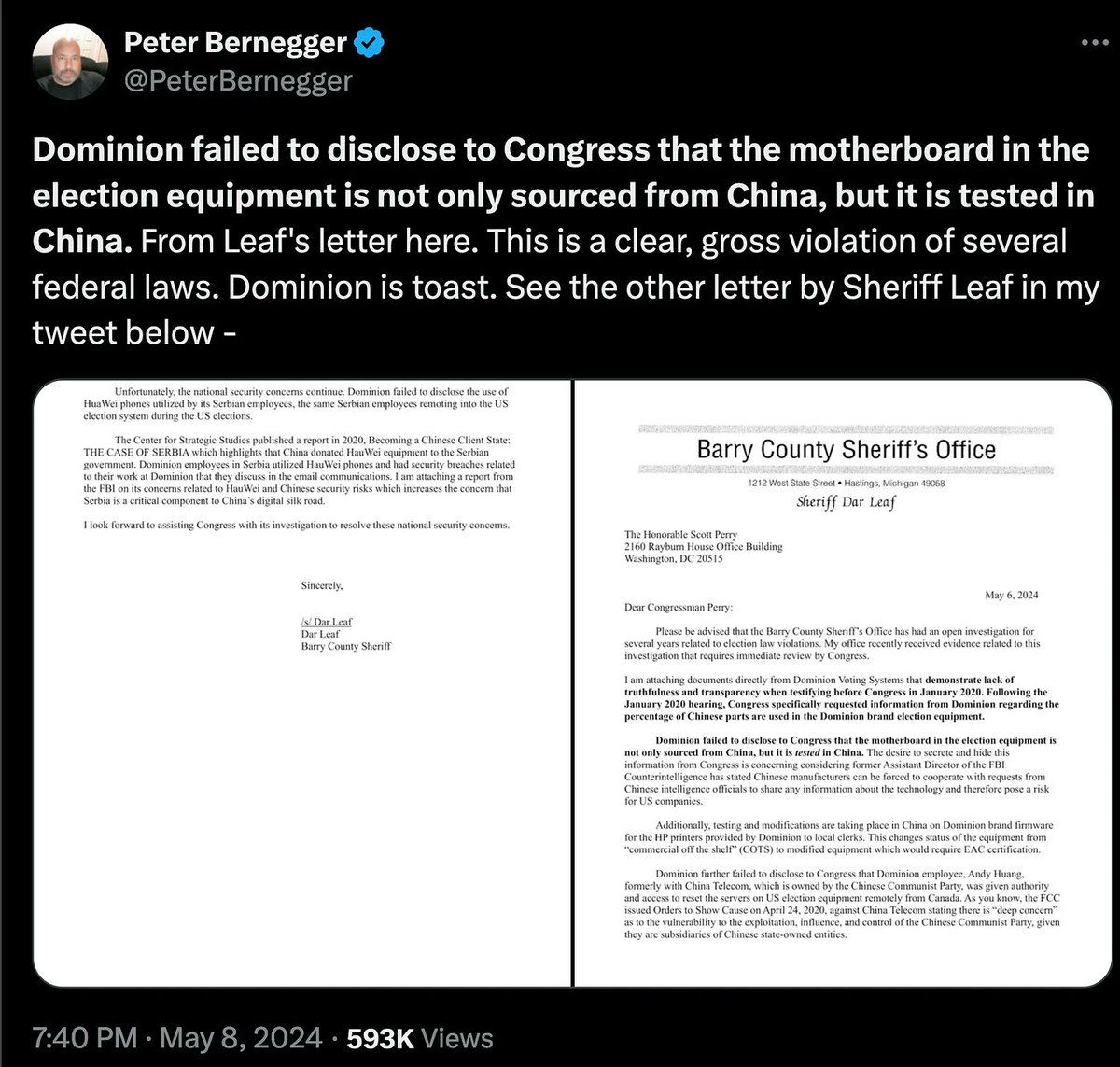 DOMINION HAS VIOLATED FEDERAL LAWS ACCORDING TO THESE FINDINGS - NO MORE VOTING MACHINES. Sheriff Dar Leaf has discovered that Dominion Voting has failed to disclose to Congress that parts of their machines are sourced from China, and tested in China. In addition, it’s