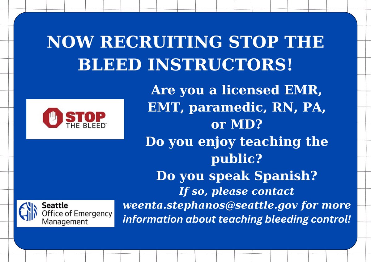 We're looking for new instructors for our Stop the Bleed Program! Please share in your network to help this program continue to grow and for all communities to learn more information about bleeding control!