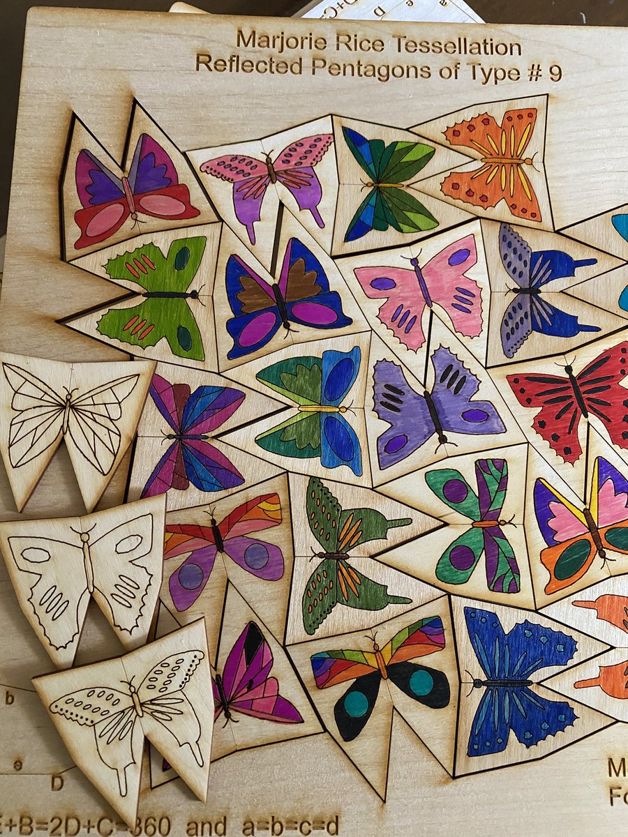 The Marjorie Rice Pentagon #9 butterfly puzzle has tiles that are fun to color and fun to do.