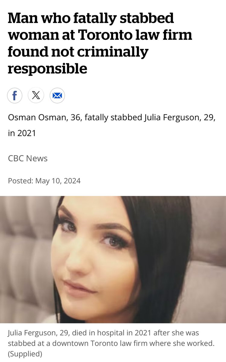 Osman Osman, 36, found “not criminally responsible” for killing Julia Ferguson, 29, at her law office. Canada traded the life of Julia Ferguson for Osman Osman. How does this make you feel?