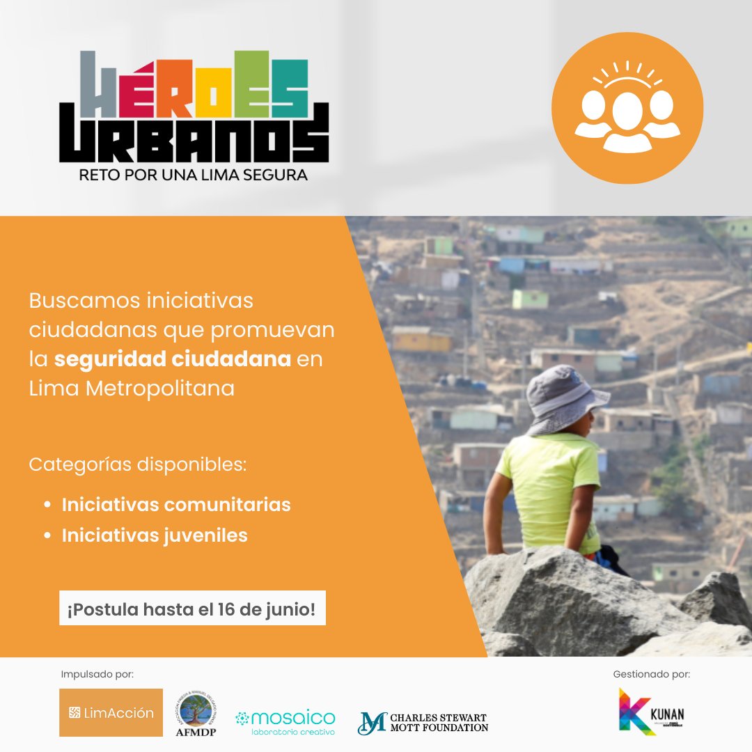¿Tienes una iniciativa para hacer de Lima un lugar más seguro para todos?

📝Formulario de Postulación: bit.ly/formhurb
📌Bases: bit.ly/baseshurb
🌐Más información: limaccion.com
👉Si tienes dudas sobre tu postulación, escríbenos a hoyemprende@kunan.org