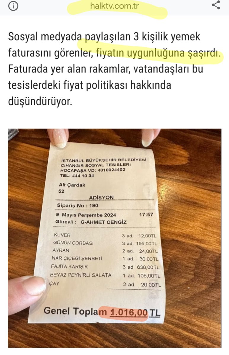 CHP'li İBB'ye ait #CihangirSosyalTesisleri'nde 3 kişilik yemeğin tutarı gündem oldu. Kent lokantaları'ndaki '4 çeşit yemek 40 #lira'nın acısını milletten böyle çıkartıyorlar! Fakat daha ilginç ve ikiyüzlüce olan ise #HalkTv'nin bu fiyatları ucuz olarak lanse etmesi!