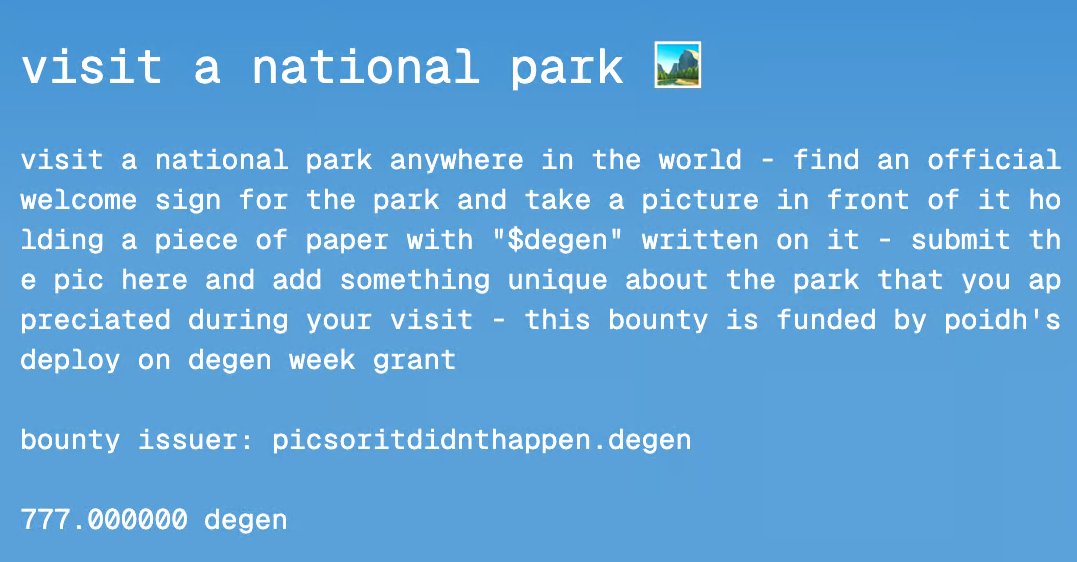 visit a national park, snag a photo, say what you loved, and earn 750 $DEGEN 🌳🌲🌴