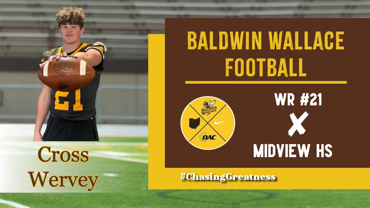 Cross wervey (@cwervey21) on Twitter photo After an amazing visit I am extremely blessed to say I have received an opportunity to play at Baldwin Wallace University. Thank you for the opportunity <a href="/CoachHilvert/">Jim Hilvert</a> <a href="/CoachBMiller17/">Brenton Miller</a> <a href="/MattBrown_Coach/">Coach Matt Brown</a> <a href="/Middie_Football/">Midview Football</a> #AGTG After an amazing visit I am extremely blessed to say I have received an opportunity to play at Baldwin Wallace University. Thank you for the opportunity <a href="/CoachHilvert/">Jim Hilvert</a> <a href="/CoachBMiller17/">Brenton Miller</a> <a href="/MattBrown_Coach/">Coach Matt Brown</a> <a href="/Middie_Football/">Midview Football</a> #AGTG