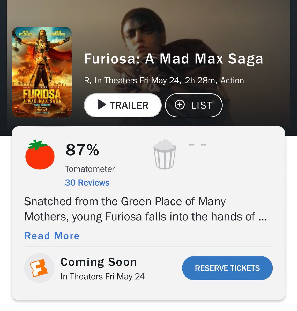 #FURIOSA : A MAD MAX SAGA debuts to an 87% on Rotten Tomatoes with 30 reviews.