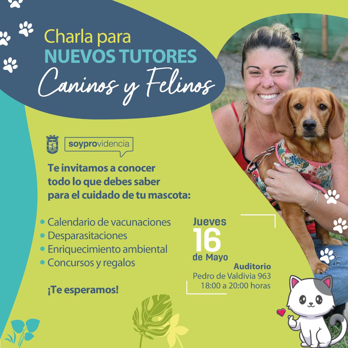 ¿Piensas adoptar un perrito o gatito? Seguramente tendrás algunas duda sobre tenencia responsable y los cuidados que requiere tu mascota. Es por eso que, junto al equipo de #ProtecciónAnimal te esperamos en Charla para nuevos tutores de mascota este jueves 16/05 de 18 a 20 hrs!