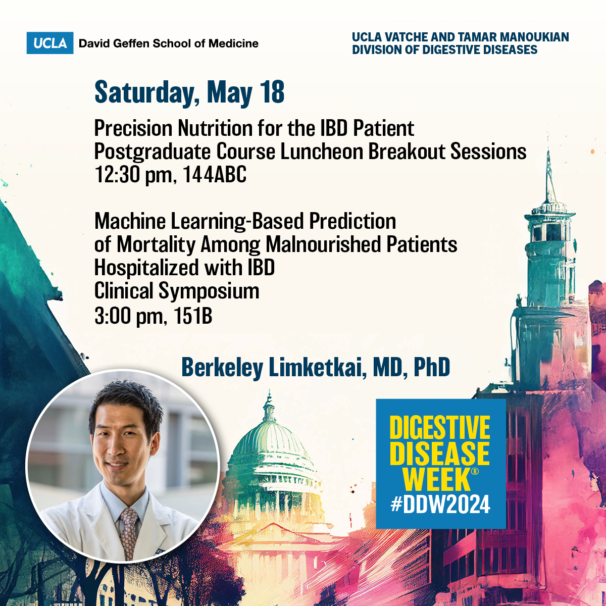 🙌<a href="/berkeleydoc/">Berkeley Limketkai</a> talks #IBD at #DDW2024

🔹Precision Nutrition for the IBD Patient
Postgrad Course Luncheon Breakout Sessions
12:30 pm, 144ABC

🔹Machine Learning-Based Prediction of Mortality Among Malnourished Patients Hospitalized with IBD
Clinical Symposium, 3:00 pm, 151B