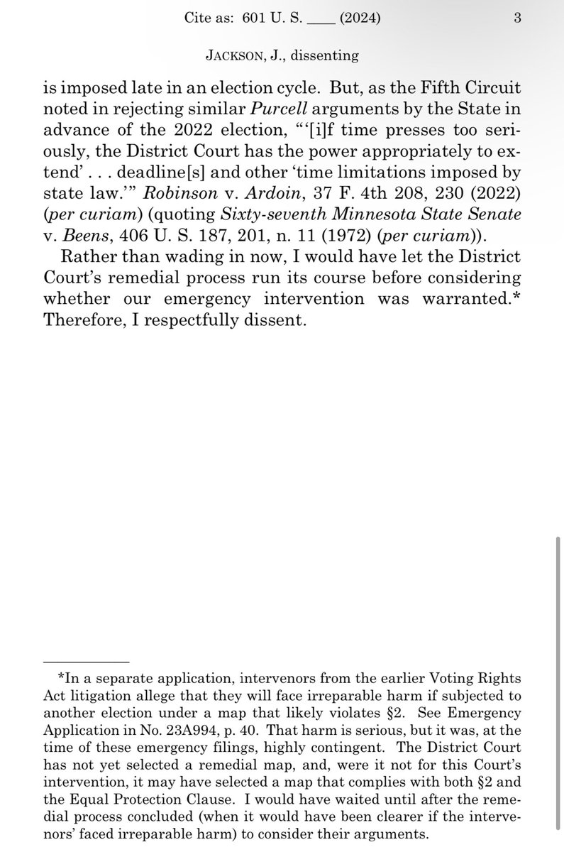 #BREAKING: #SCOTUS issues stays in Louisiana congressional redistricting case; clears way for second majority-minority House district in 2024 election.

The three Democratic appointees publicly dissent, with Justice Jackson worrying about the apparent expansion of Purcell.