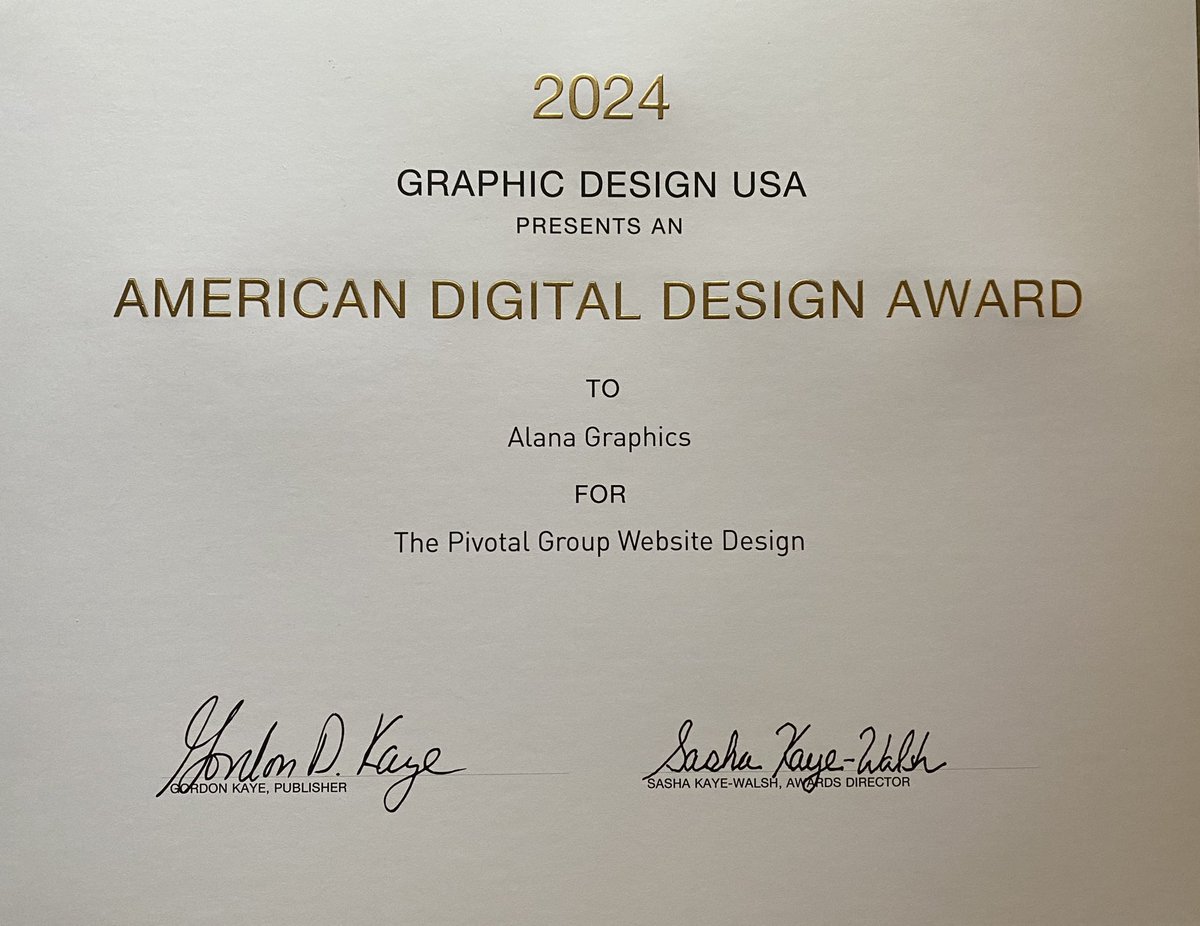I am honored to have received an American Digital Design Award in the 61st annual GDUSA Magazine Digital Design Competition for my original website design done for The Pivotal Group. My work will be featured in the upcoming issue of Graphic Design USA magazine.