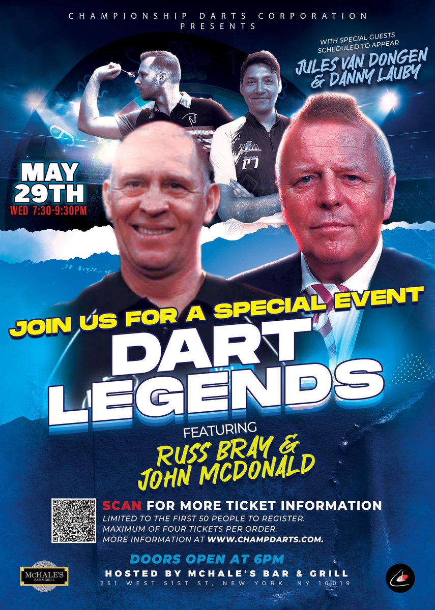 A NIGHT WITH LEGENDS! A once in a lifetime chance to join two legends of our game at @McHalesPub51 in NYC! @Russ180 and @JohnMcDonald_MC will share stories and darting memories with Q&A. @julesvandongen and @DannyLauby will be on-hand as well. Tickets - TicketSource.us/champdarts