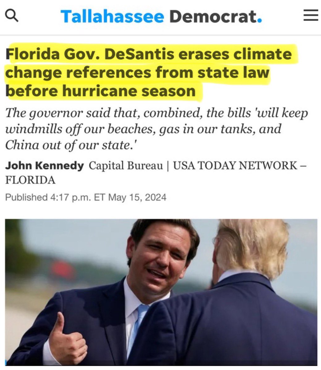 Fossil fuel companies don’t like competing with clean energy. So they donated to Ron DeSantis who signed a law that bans offshore wind, eliminates energy efficiency grant programs and deletes any reference to “climate change” from state statute. GOP = Profits over people always
