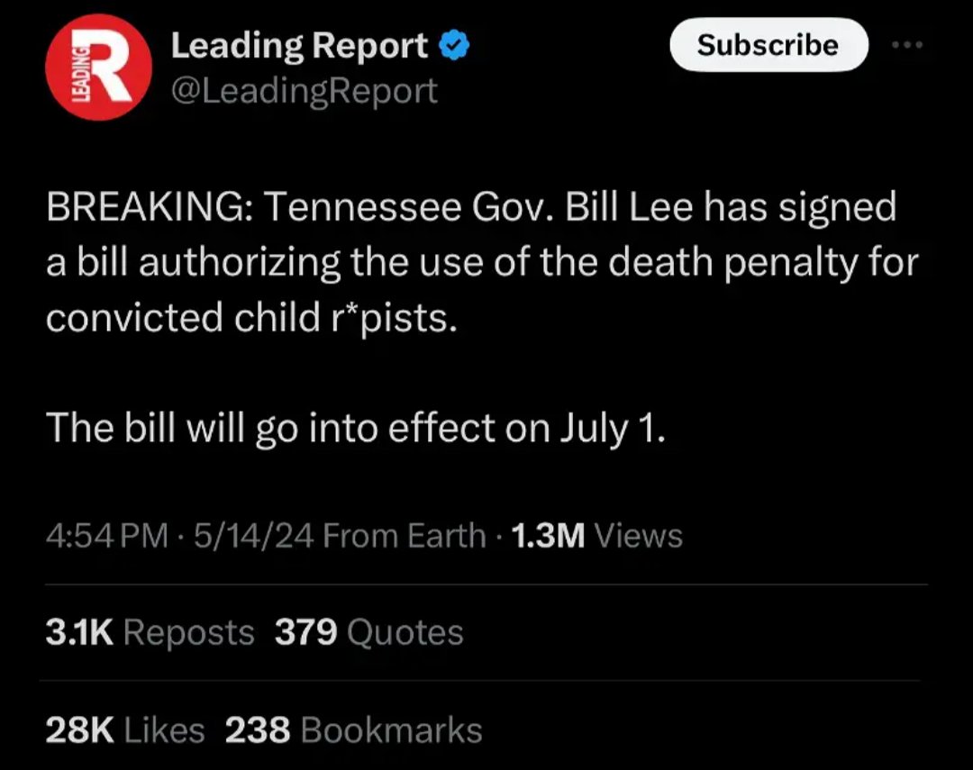 Tennessee Governor Bill Lee has signed into a law a bill that would see those convicted of child rape be eligible to receive the death penalty. Excellent News , Congratulations Tennessee 👋 Now other States Need to Do The Same!