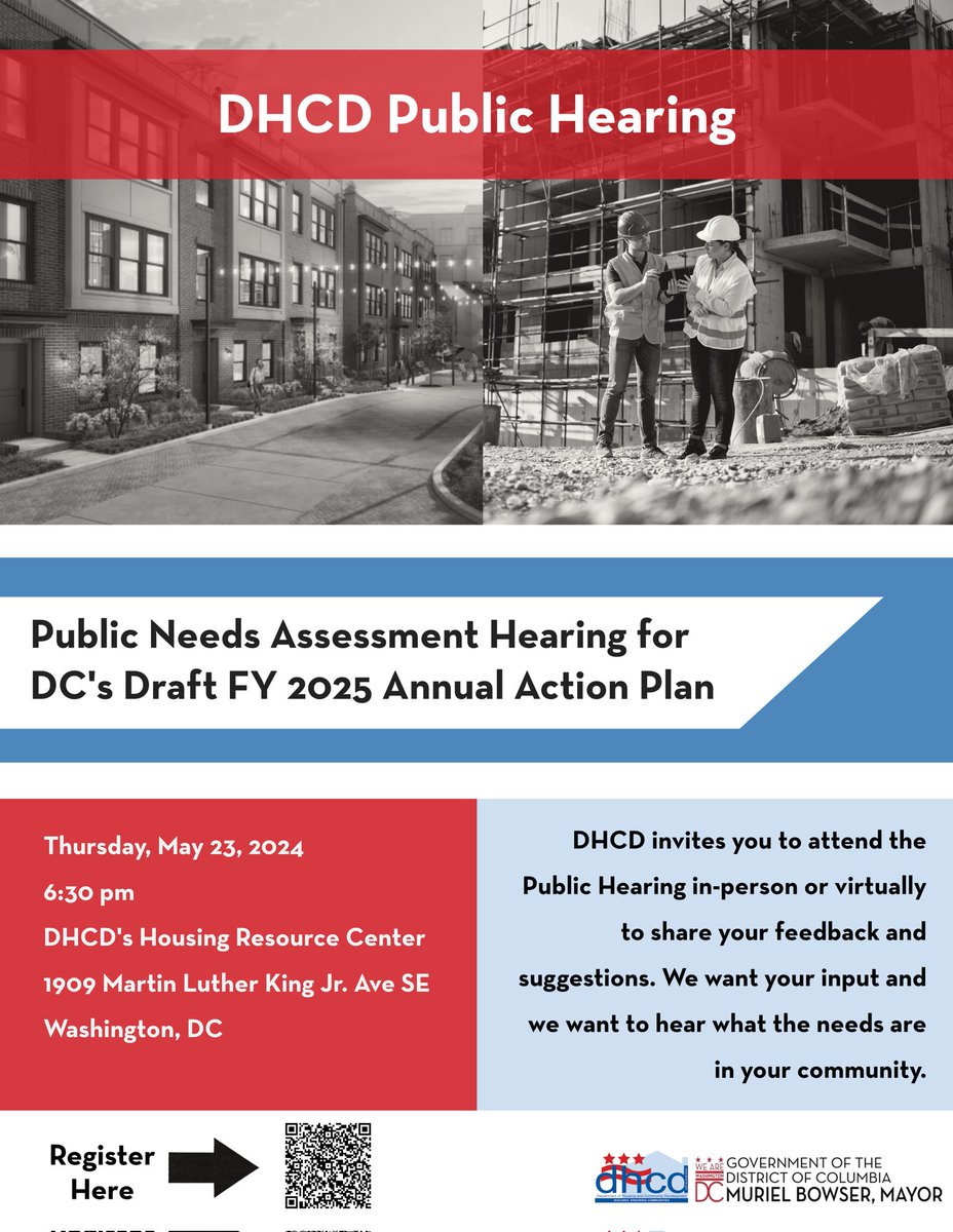 @DCDHCD invites you to the public hearing in-person or virtually to share your feedback to develop the District's draft FY 2025 Annual Action Plan. ❗️Needs Assessment Public Hearing❗️ Thursday, May 23, 2024 6:30 pm DHCD - 1909 MLK Jr. Ave SE Register ➡️ tinyurl.com/NeedsAssessmen…