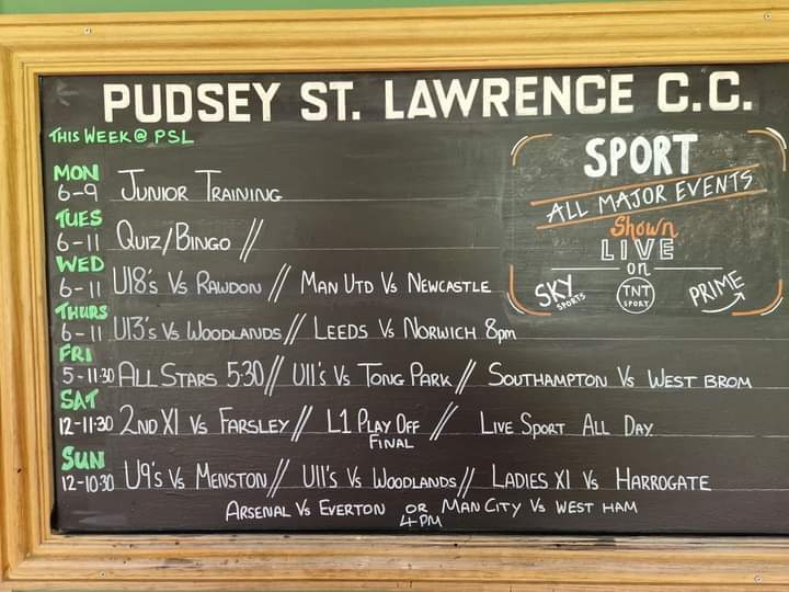 This Week At PSL
Busy week of cricket of Tofts Rd and plenty of Live Sport to enjoy.
Big game for Leeds Utd on Thursday in the Play-Offs
2nd Team action on Saturday Vs Farsley and plenty of games on Sunday
Cafe 1845 open from 9.30am both days.
