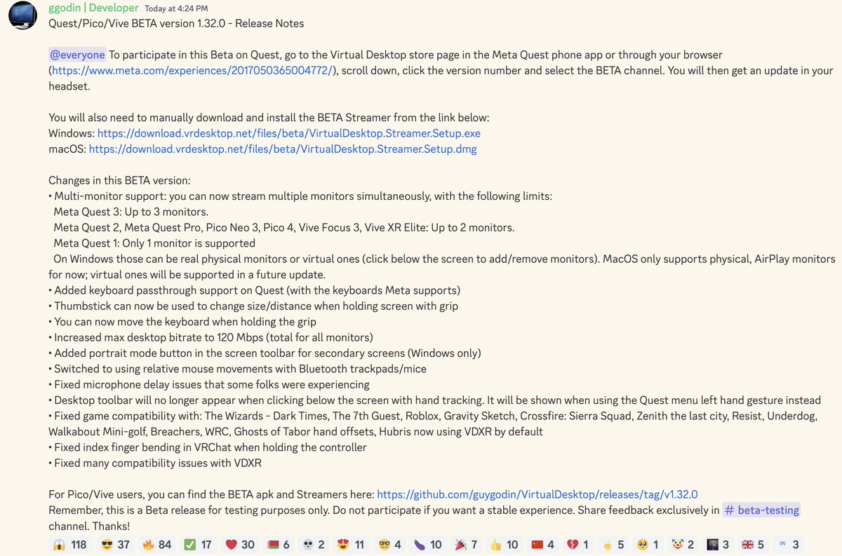 Virtual Desktop announced it’s long awaited multi-monitor mode has just launched as a Beta

Quest 3 can run up to 3 monitors, while Quest 2/Pro can only run up to 2