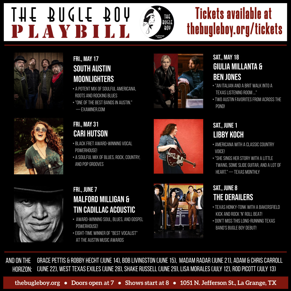 What a lineup! We hope you will join us for some livemusic in our listening room!

thebugleboy.org/tickets

#livemusic #lagrangetx near #roundtoptx #listeningroom #livewebcast