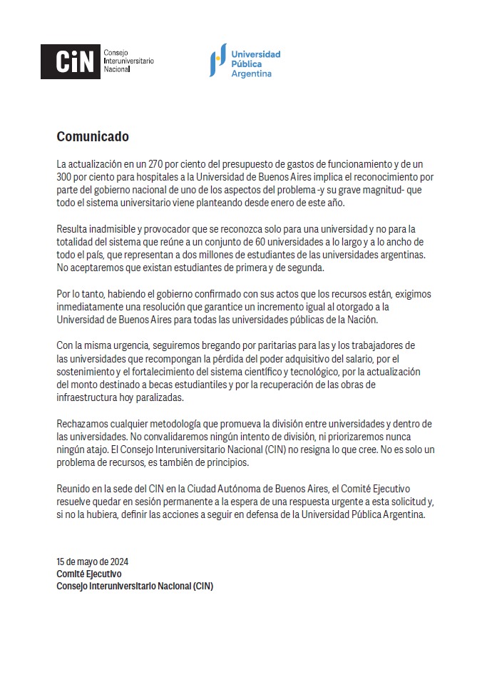 Declaración del @CINoficial El país no es CABA. El sistema Universitario no es la UBA. El gobierno que denunciaba transferencias arbitrarias del gobierno anterior (sin probar) las hace. Se verá si es por temor a más marchas, para apoyo a la Ley Bases, ...