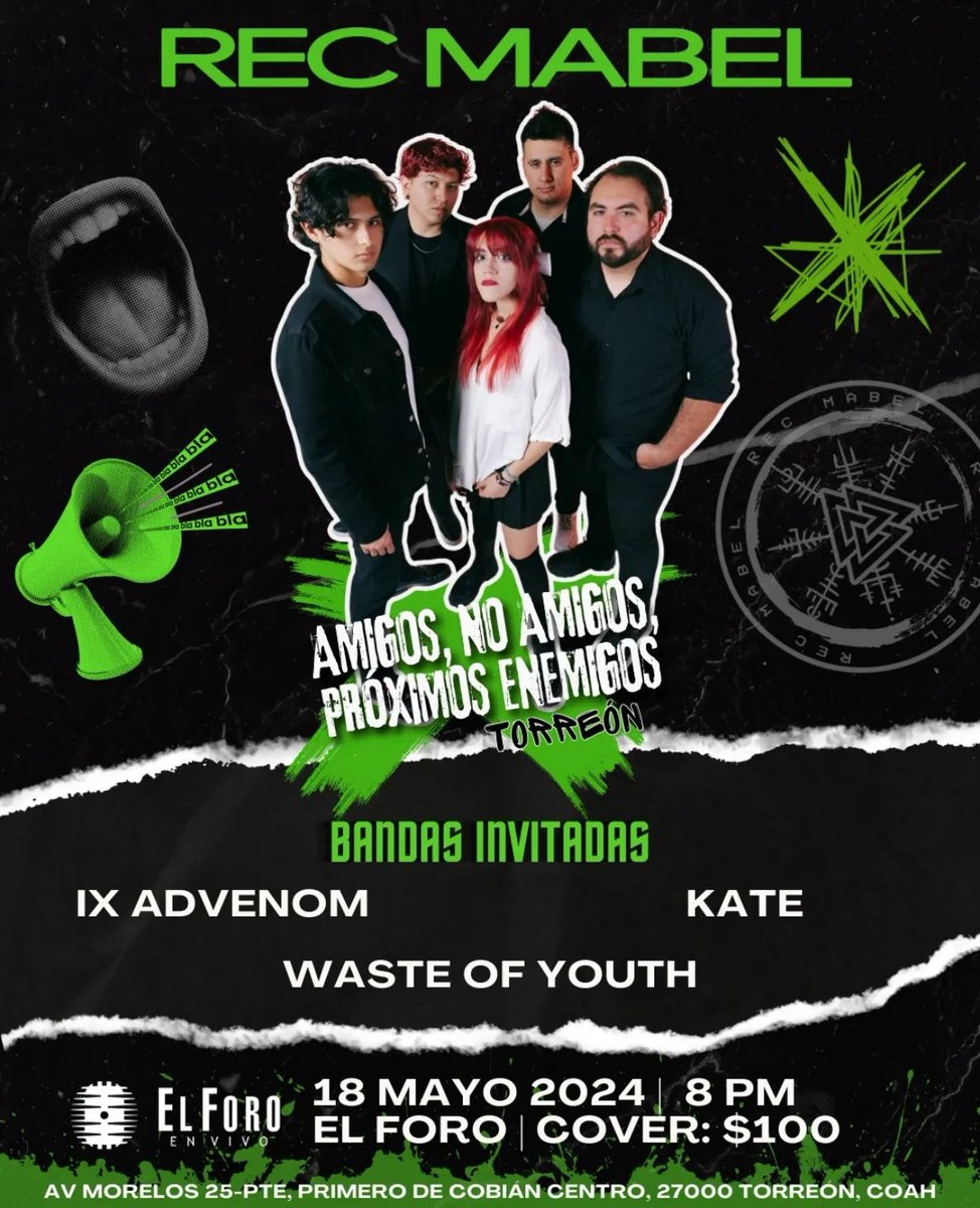 TORREÓN! Nos vemos este próximo #18mayo en @elforoenvivotrc para la presentación de nuestro album #AmigosNoAmigosPróximosEnemigos 🤟
Nos acompañan: 
- @wasteofyouthband
- @katebandmx
- @ixadvenom
Boletos ya a la venta aquí 
passline.com/eventos/rec-ma…

#recmabel #minitour #torreón