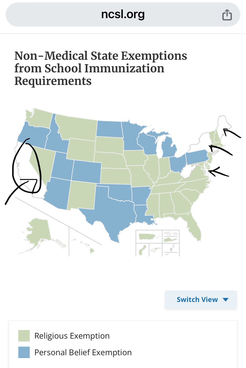 Notice a curious geographic trend among States that refuse to grant religious/ philosophical exemptions to school immunization requirements? West Virginia is the outlier… ncsl.org/health/states-…