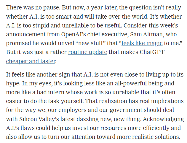 Nice column from @JuliaAngwin following on the GPT-nothingburger that OAI launched on Monday.

Could not agree more that we should be investing our resources--in education & much else--in MUCH better ideas and technologies.