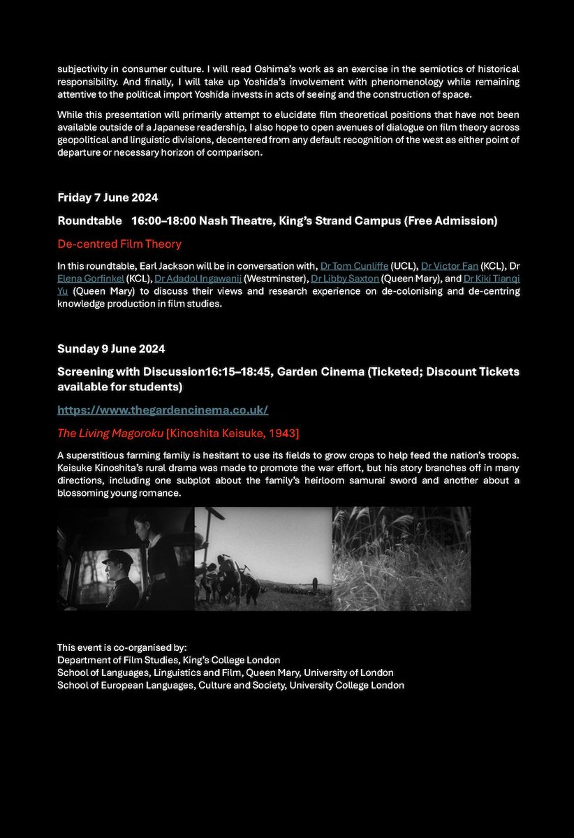 King's Film Studies (@kingsfilm) on Twitter photo Thinking Cinema Otherwise: Professor Earl Jackson will discuss Japanese film theories & beyond inĀ threeĀ events at Kingās College London & <a href="/TheGardenCinema/">The Garden Cinema</a> on 6, 7, and 9 June 2024, organised by Victor Fan. More info here: film-studies-research.er.kcl.ac.uk/2024/05/thinki⦠Thinking Cinema Otherwise: Professor Earl Jackson will discuss Japanese film theories & beyond inĀ threeĀ events at Kingās College London & <a href="/TheGardenCinema/">The Garden Cinema</a> on 6, 7, and 9 June 2024, organised by Victor Fan. More info here: film-studies-research.er.kcl.ac.uk/2024/05/thinkiā¦
