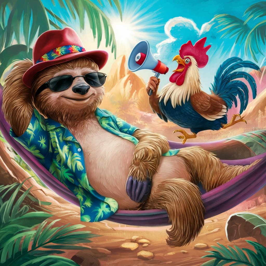 Just let me sleep @TheDemonChicken In a hammock, a sloth was trying to doze, Swaying gently, with his eyes half-closed. But then a rooster, with a mischievous grin, Decided to make a terrible din. With a megaphone in hand, he took a stand, Right by the hammock, on the soft