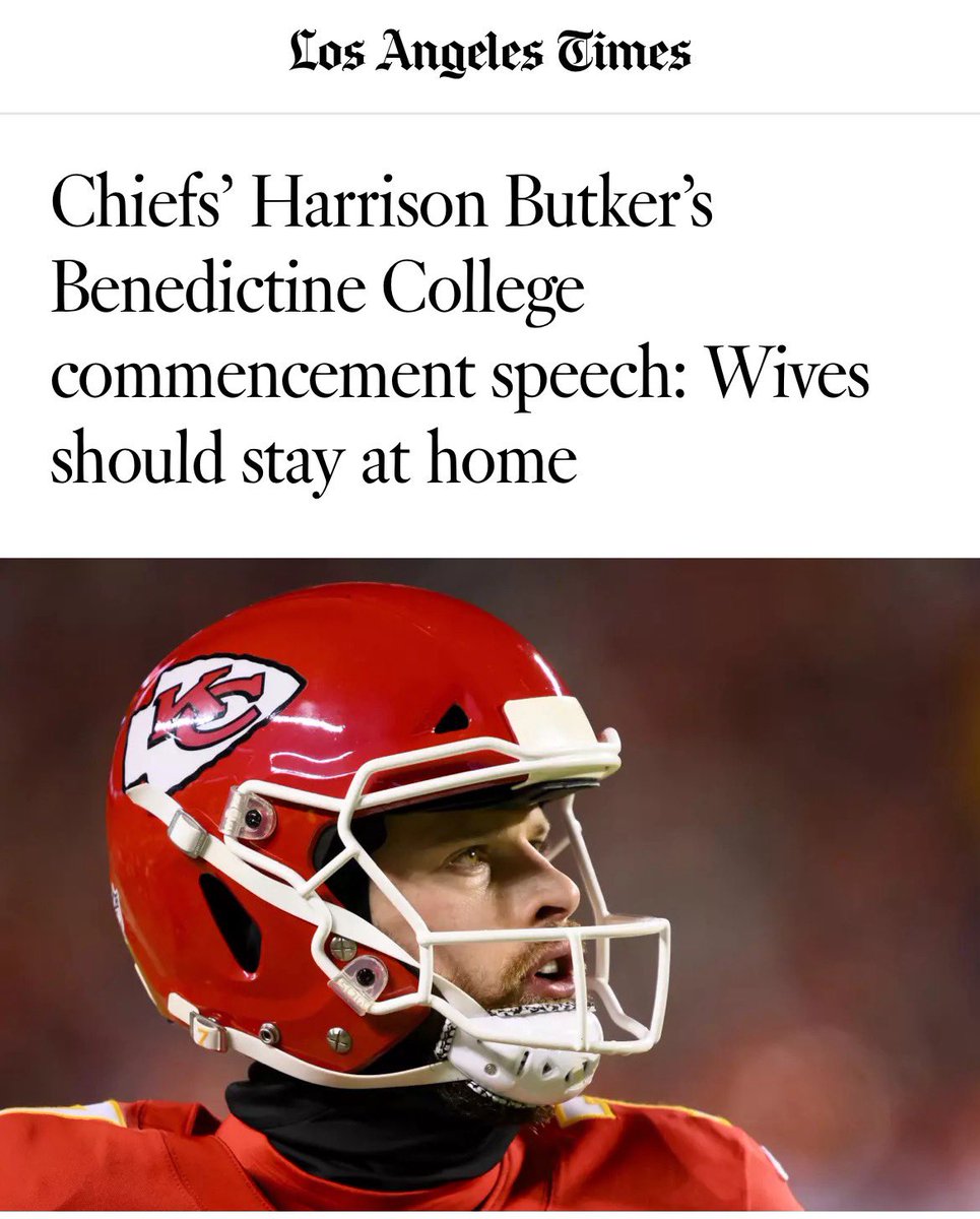 Kansas City Chiefs kicker Harrison Butler gave some radical thoughts and controversial opinions during his 20-minute commencement speech at Benedictine College. The devout Christian took shots at gender roles, abortion, President Biden and Pride month. latimes.com/sports/story/2…