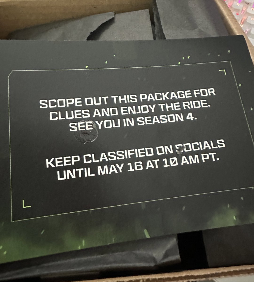 Well looks like there may be some teasers for MW3 x Warzone Season 4 tomorrow, May 16 at 10am PT

Some creators have received a package with “Keep classified on socials until May 16 at 10am PT”