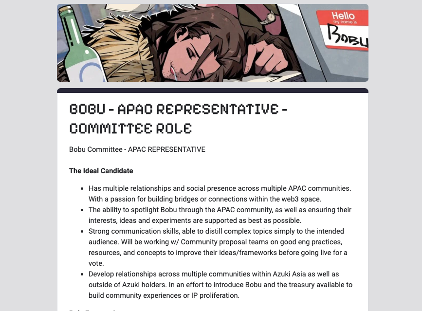 DemAzuki's tweet photo. YO Bobu Nerds! here is what's up next: 
#1 we are hiring +2 committee members based on skillset (links in 2nd post)
#2 we are opening up elections for +1 committee member
#3 we will discuss all of this in a spaces this Thursday at 9PM EST

We will talk about the future of Committee elections and the plans we've been making. You've been looking forward to this, so come share your thoughts.

We'll discuss our plans for voting rules, roles, terms, and limits. We'll also talk about how members of the community can show their interest and skills to help move this experiment forward.

Bobu started as an experiment built on contributions from the community, including proposals, elections, discussions, and voting. All these parts are key to building a future where the community works together more and shares ideas freely. We want to keep a strong base, making sure there are experienced people around for new members to learn from, even as committee members change. This helps keep everything running smoothly without interruptions.

BOBUUUUU