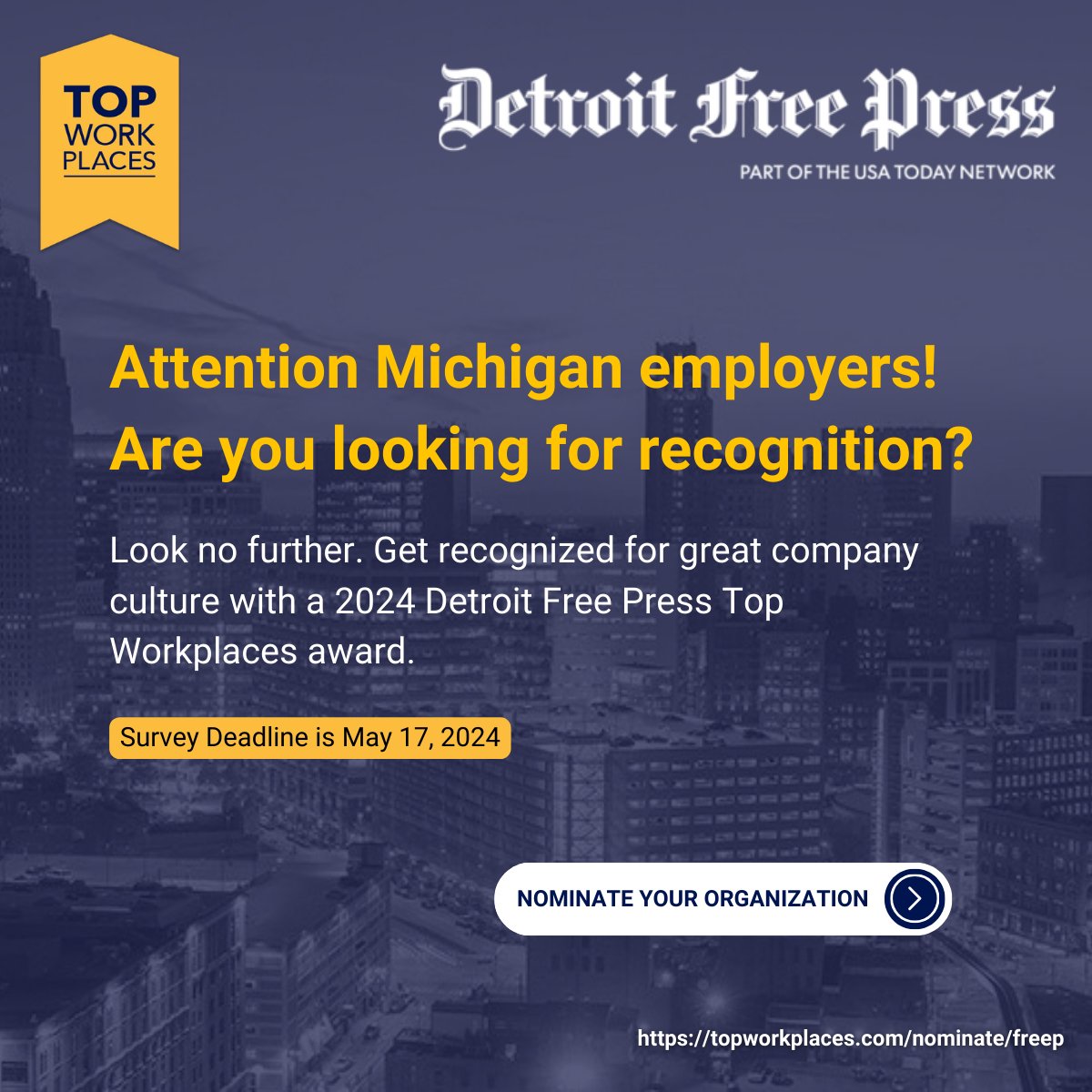 It's almost time to celebrate Michigan's 2024 Top Workplaces! 🎉  Employer recognition from Top Workplaces is more than an accolade; it's a testament to a people-first culture and employee listening. All you need to do is sign up for a quick survey.  Take advantage of this