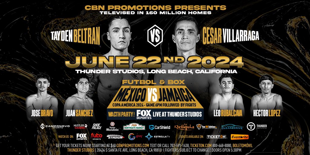 @CBNPromotions returns Sat June 22nd at Thunder Studios in Long Beach, CA with another exciting night of boxing. Doors open and at 5:30 pm with a live WATCH PARTY showing  🇲🇽MEXICO vs. 🇯🇲 JAMAICA for the COPA AMERICA 2024 beginning at 6:00 pm.
