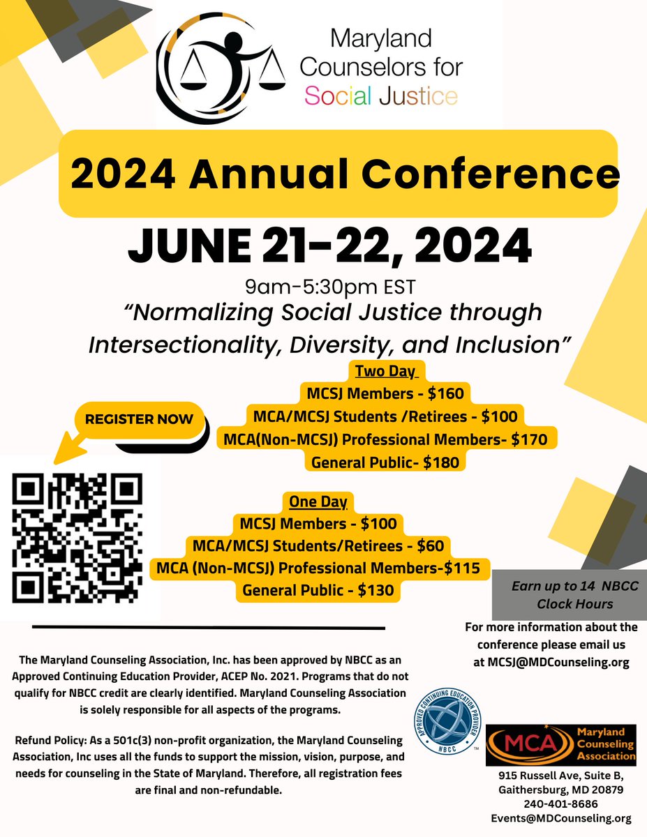 Join us for the 2024 Maryland Counselors for Social Justice annual conference! Our theme this year is Normalizing Social Justice through Intersectionality, Diversity, and Inclusion. Mental health professionals from across the field will share their findings, studies, and work in