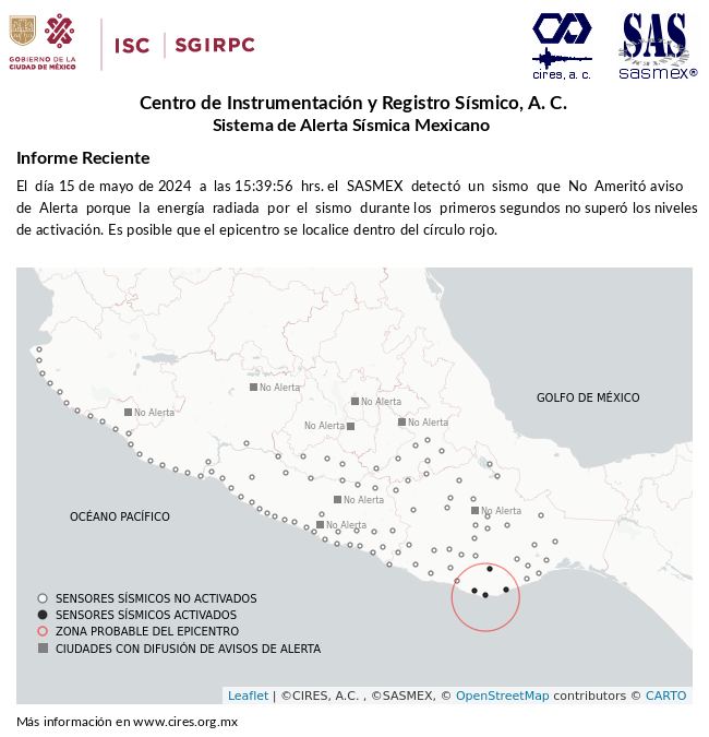 SASMEX's tweet photo. Informe preliminar del #Sismo detectado el 15-may-24 a las 15:39:56 hrs.  #TenemosSismo #LaPrevenciónEsNuestraFuerza https://t.co/OLI6iaGawY