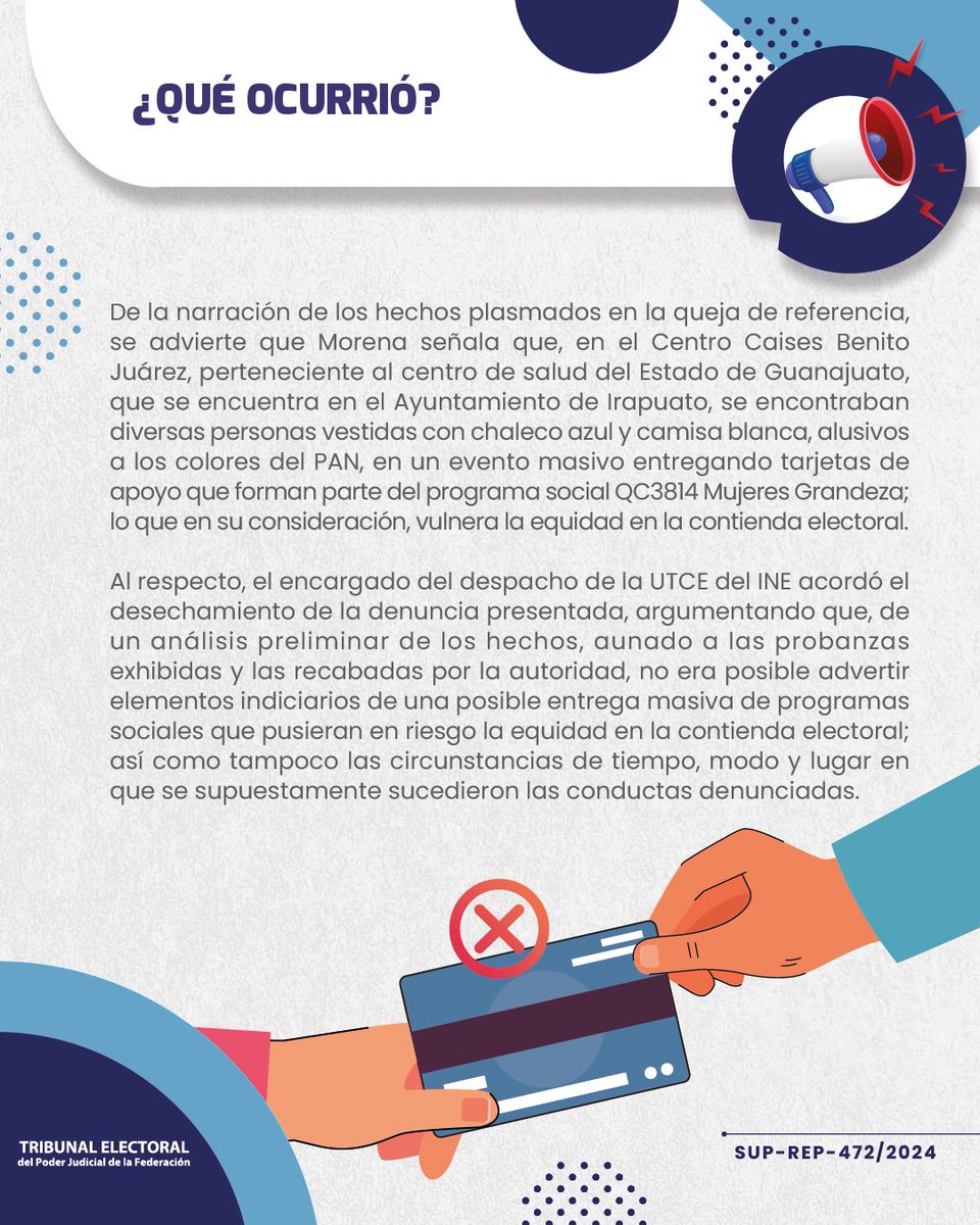 FFuentesBarrera's tweet photo. #SesiónTEPJF: En el SUP-REP-472/2024 se analizó la denuncia de #Morena sobre la presunta entrega masiva de programas sociales por el #PAN en #Guanajuato, alegando vulneración de la equidad electoral. La #UTCE del #INE desechó la denuncia al no encontrar pruebas que respalden los hechos denunciados ni indicios de afectación a la equidad en la contienda.