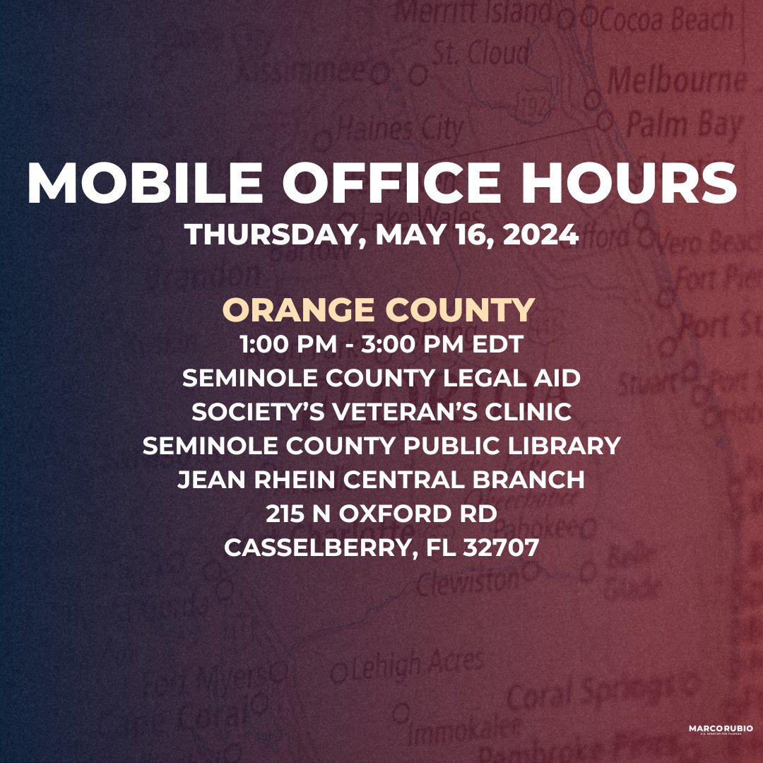 Check out mobile office hours happening in the state today👇 Find out more info at rubio.senate.gov
