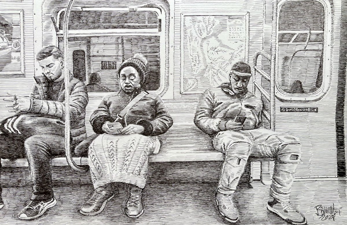 “IN MOTION”- A fun pen and ink piece (from a photo I took in NY) where I wanted to use only horizontal line work. Used a Pilot Kakuno pen for all of it. Enjoyed the pen! See it in person at the Paseo Arts and Creativity Center throughout May. #ink #fountainpen #penandink #subway