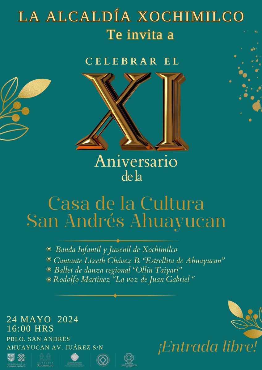 #EntradaLibre Te invitamos a celebrar al 11º aniversario de la Casa de Cultura de San Andrés Ahuayucan este viernes 24 de mayo, a partir de las 16:00 horas. Habrá grandes eventos. ¡Te esperamos!