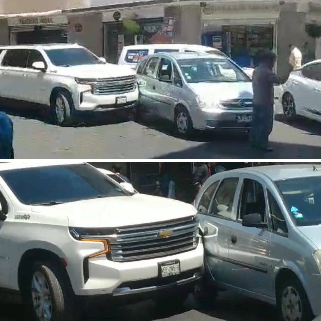 Choque entre camioneta y vehículo en la intersección de las calles Bravo y Escobedo. Sólo daños materiales.