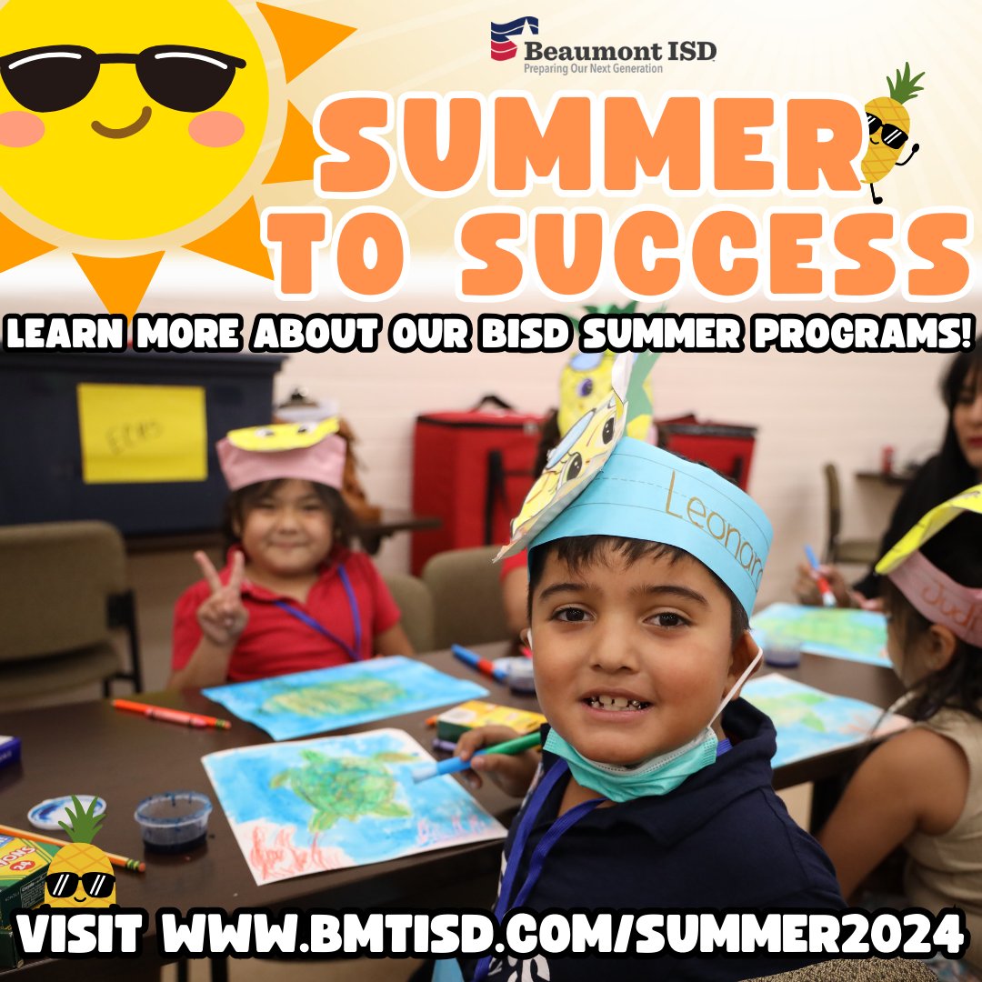 Check out our Summer to Success website to learn about the recreational sports activities, STEM camps, literacy events, reading challenges, theatre camps, engaging summer school for those who need extra support, and free breakfast and lunch programs. bmtisd.com/summer2024