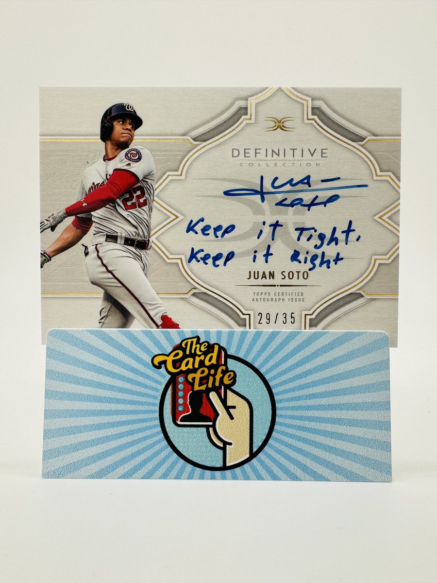 Cards we think are cool (volume 1) Juan Soto 2020 Topps Definitive Auto /35 Juan Soto loved the “Keep it Tight. Keep it Right” hitting philosophy coached by his former Nats (and current Phillies) hitting coach Kevin Long. The phrase was his reminder to hit the ball up the